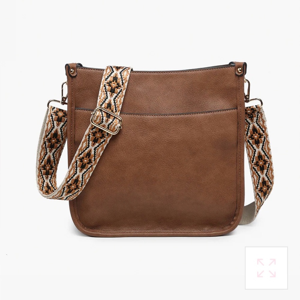 NWOT,.Jen & Co Brown Vegan Leather Shoulder Bag with Guitar Strap (cow print)